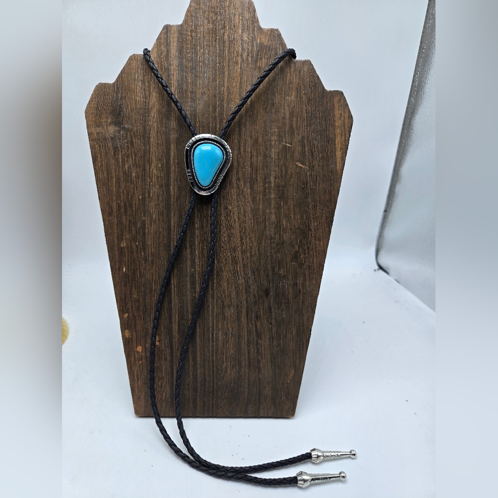 estern Wear Silver Tone Faux Turquoise Bolo Lariat Tie Men's Accessories Metal - Picture 2 of 4